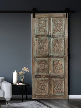 Nature Carved Door, Vintage Wood Soft Green Sliding Door